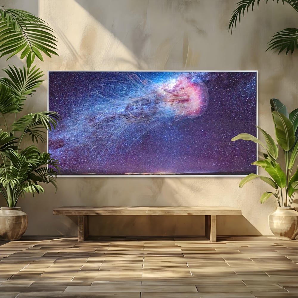 Tablou canvas cu ilustratie digitala cu meduza cosmica si stele, in rama de aluminiu argintiu